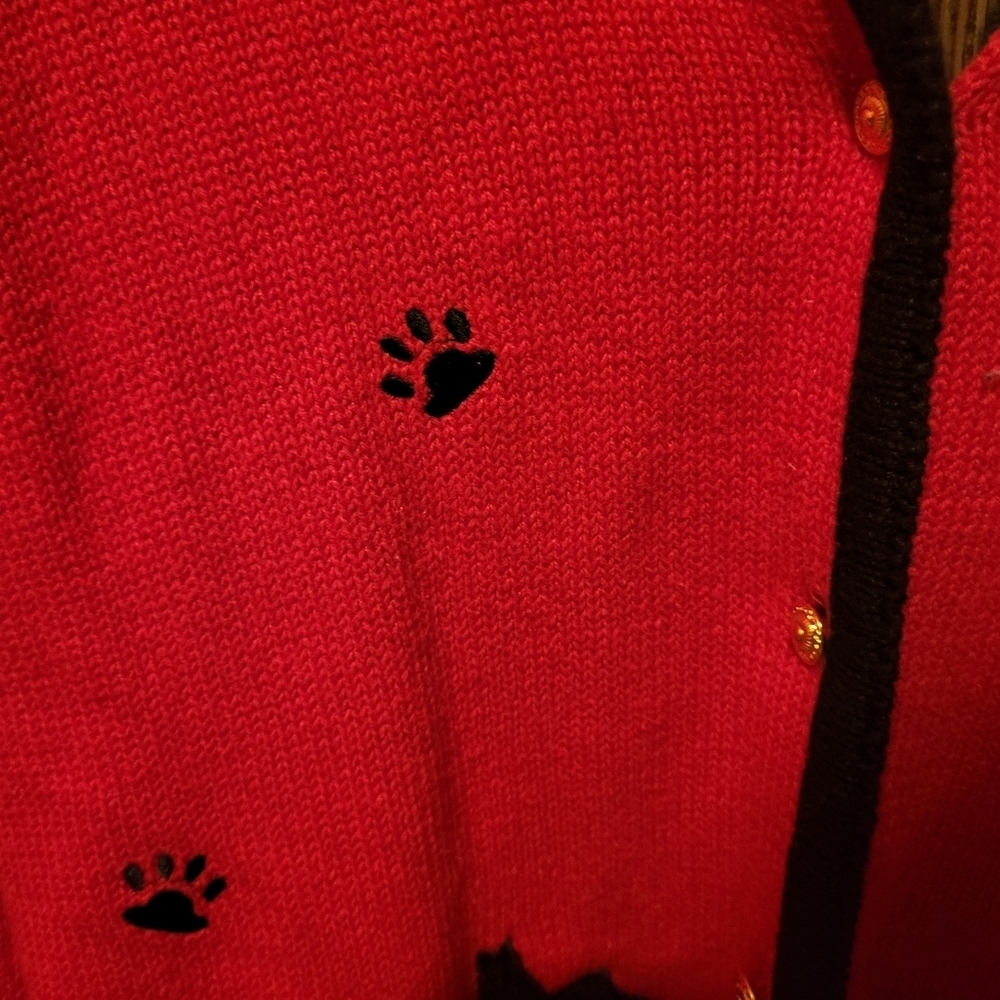 Vintage Crystal Kobe Sweater Red Scottie Dog Pawprint Black Faux Fur Size Small - Picture 5 of 7